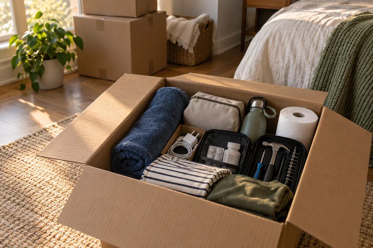 Open moving box packed with first-night essentials including towels, toiletries, a charger, water, tools, and clothing