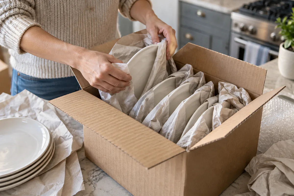 Hands wrapping ceramic plates and packing them vertically in a sturdy box