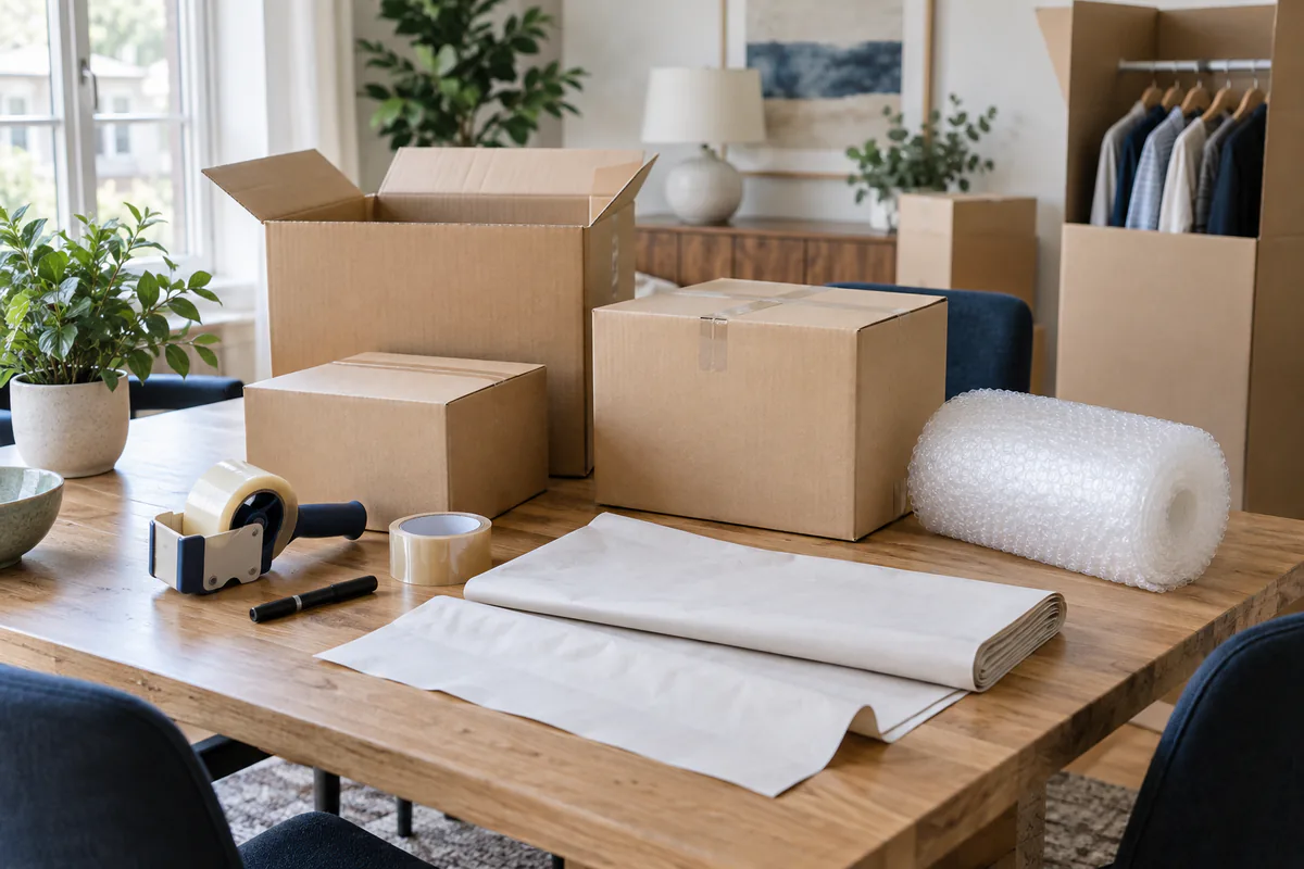 Moving boxes, packing paper, bubble wrap, tape, and a wardrobe box arranged for packing
