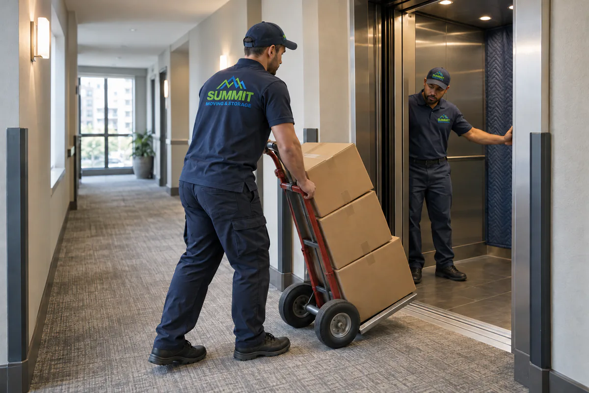 Summit Moving and Storage movers guiding boxed belongings into an apartment service elevator