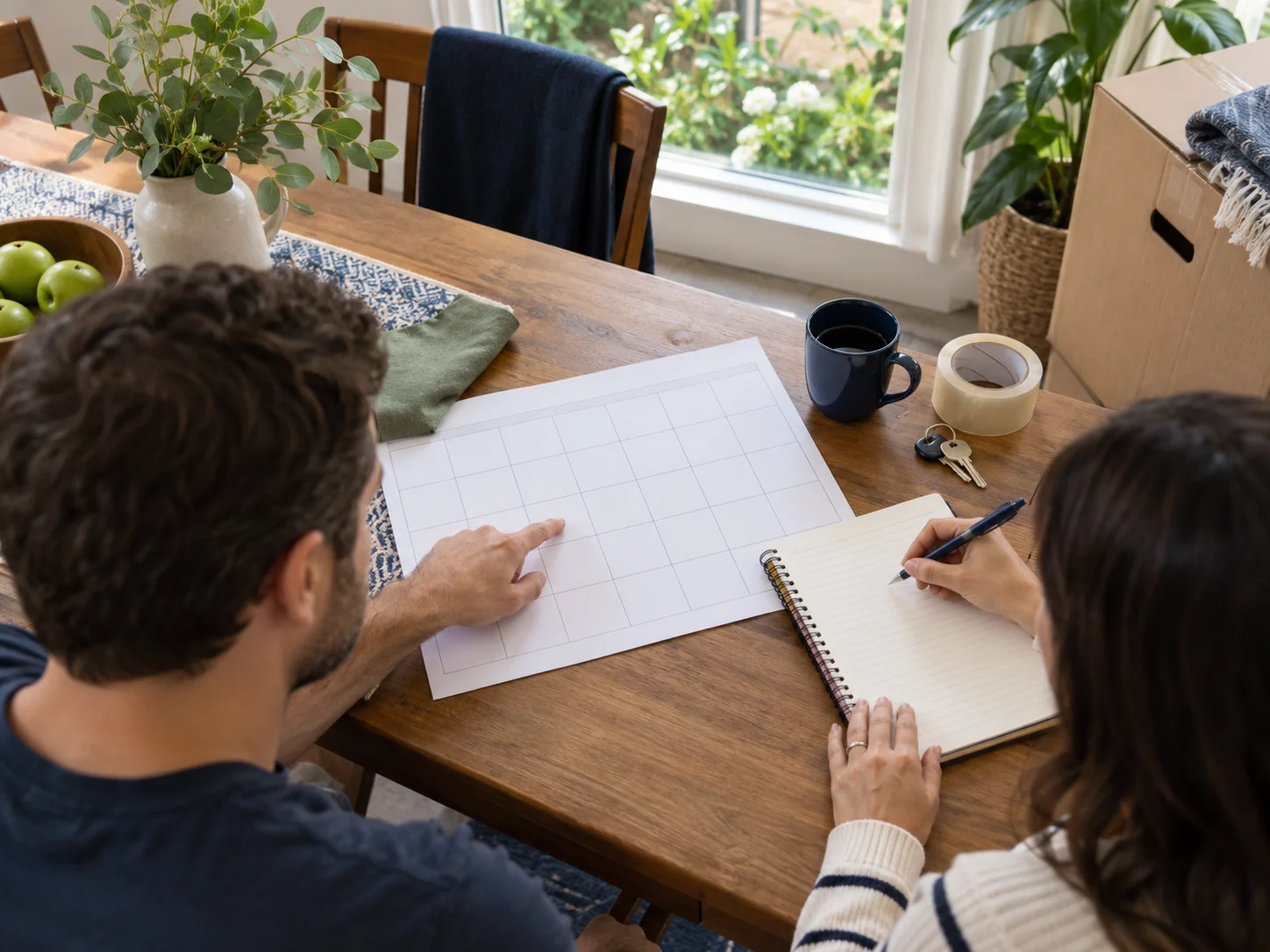 Two people planning their move with a calendar, notebook, keys, and packing supplies.