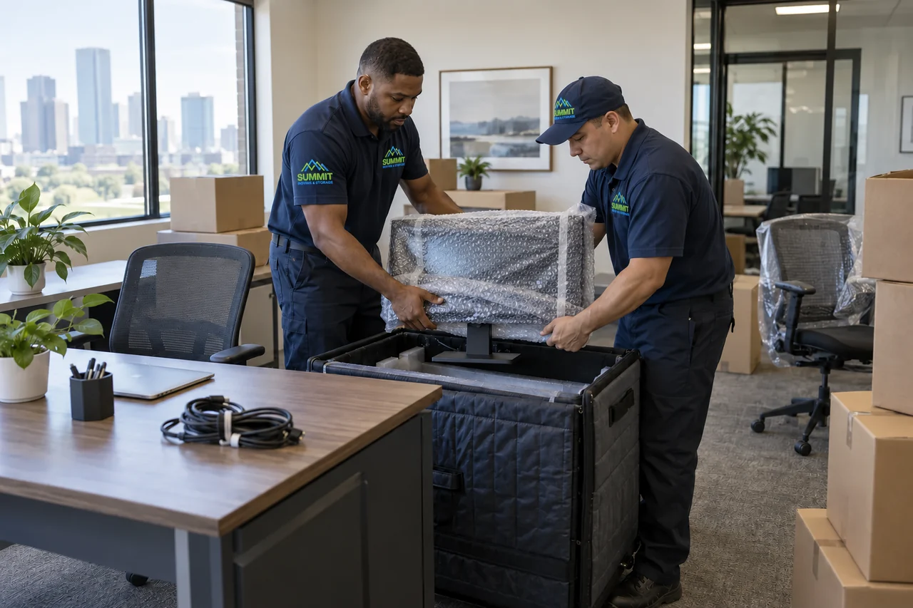 Movers protecting a desktop monitor in a padded crate during an office relocation.