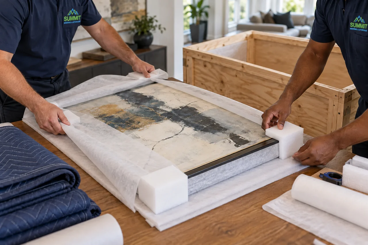 Movers cushioning framed artwork with foam and corner guards beside a wooden shipping crate.