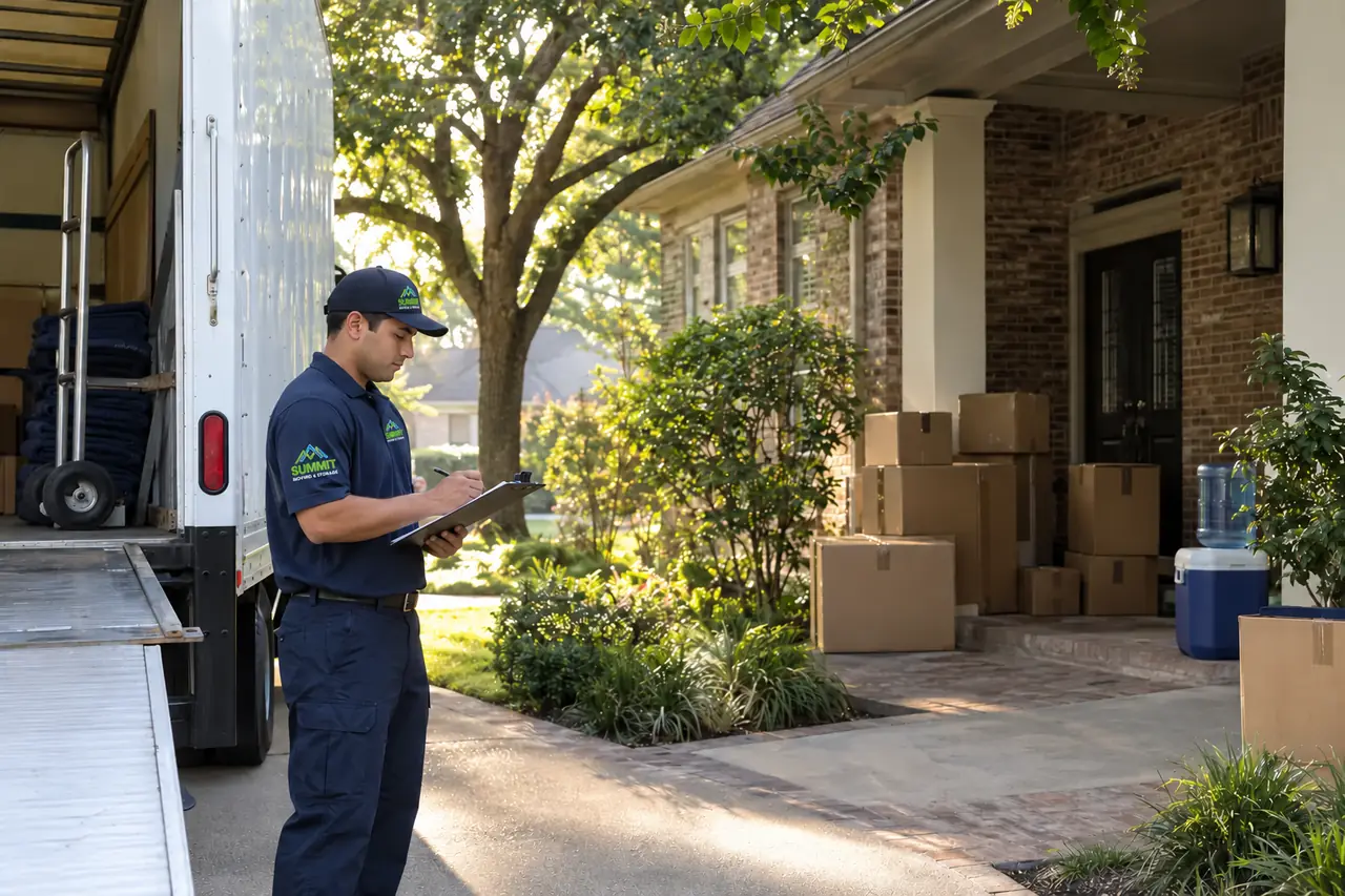 Mover checking a clipboard beside a truck and shaded porch during an early-morning summer move.